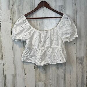 American Eagle NWT Women's White Peasant Crop Top Puff Sleeve Boho Blouse Size L